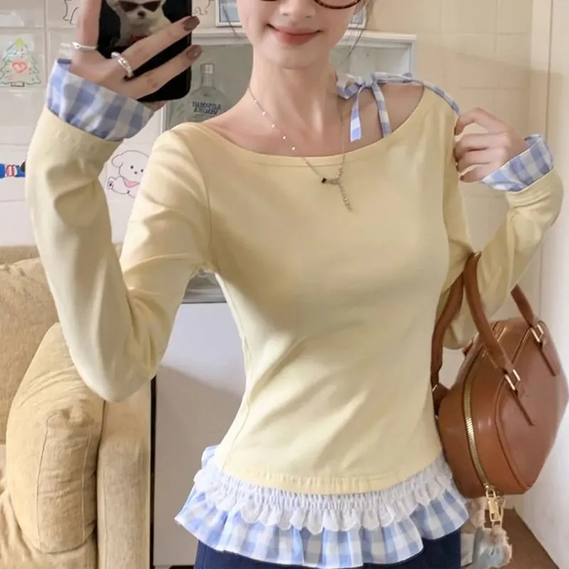 

Spring Autumn Plaid Spliced T-shirts Off Shoulder Stylish Drawstring Female Clothing Skew Collar Casual Long Sleeve Pullovers