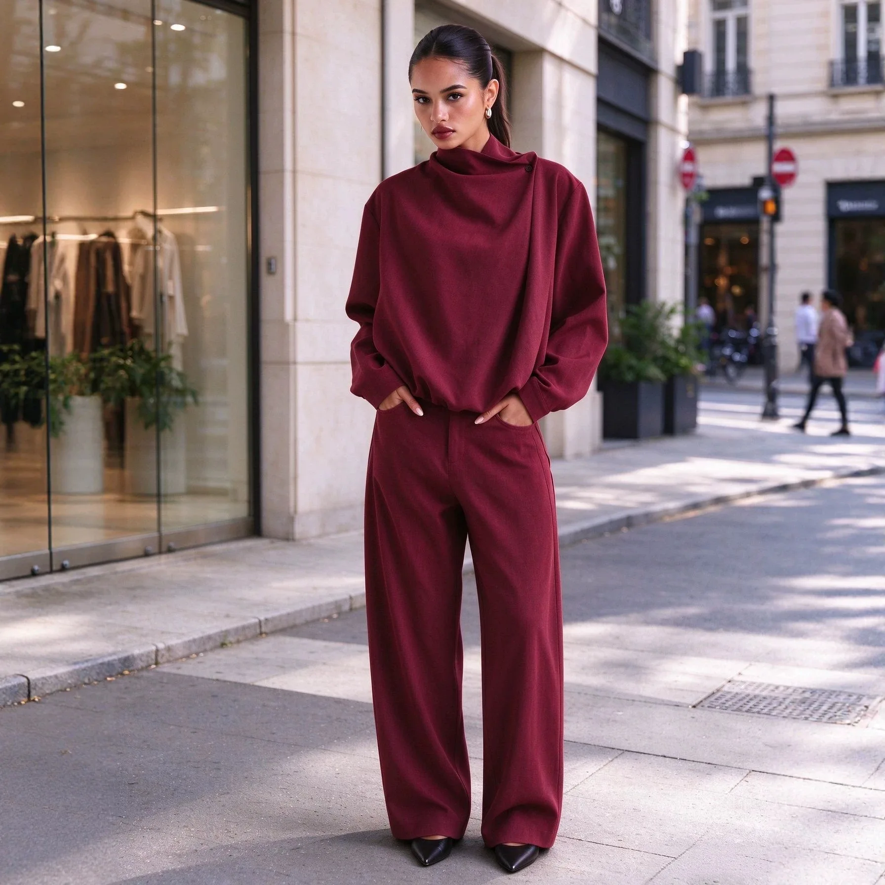 Women Stand Collar Wrap Top Wide Leg Pants Two Piece Suit Minimalist High Grade Casual Outfit Autumn Winter