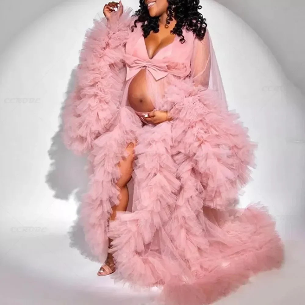 Vintage Maternity Dress Pink Evening Prom Ruffles Robe Long Kimono Sheer Fluffy Wedding Dressing Gown Bridal Nightgown