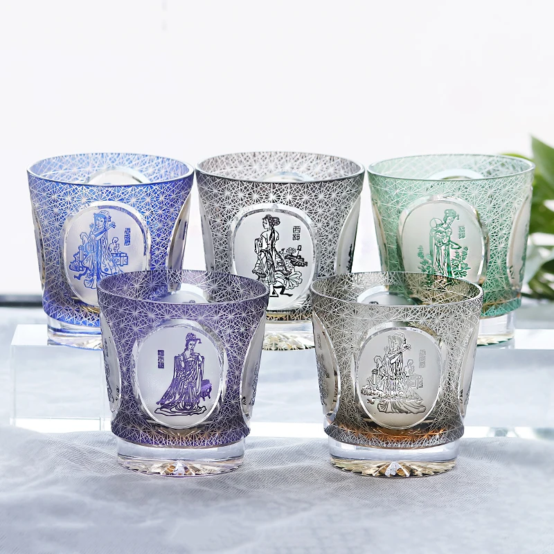 

320ml Multi-colored and hand cut to clear old fashioned glass tumbler etched carved Four great beauties of ancient China pattern