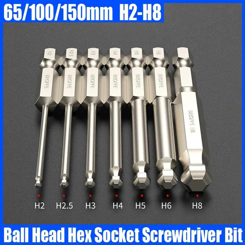 

65/100/150MM H2-H8 Ball Head Hexagon Socket Screwdriver Bit Strong Magnetic Batch Head High Hardness S2 Alloy Steel Bit Tool