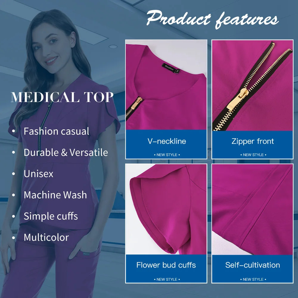 Mangas curtas Workwear para Mulheres, Salão de Beleza Workwear, Spa Uniformes, Dentista e Enfermeira Scrubs Tops, Médico Médico Roupas de Trabalho