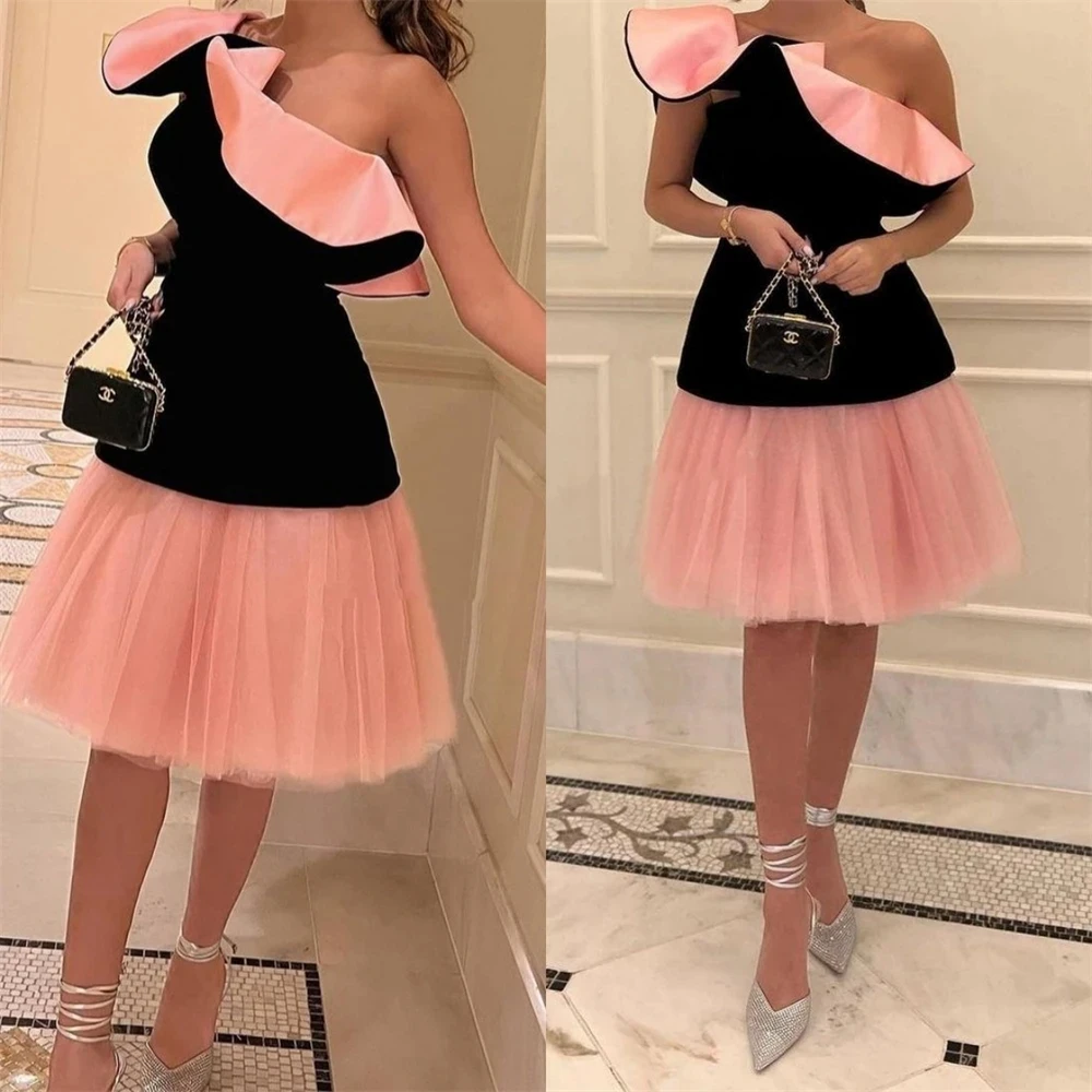 

Romantic Black Pink One-shoulder A-line Homecoming Fold Draped Chiffon Occasion Evening Gown vestido de festa mulher luxo