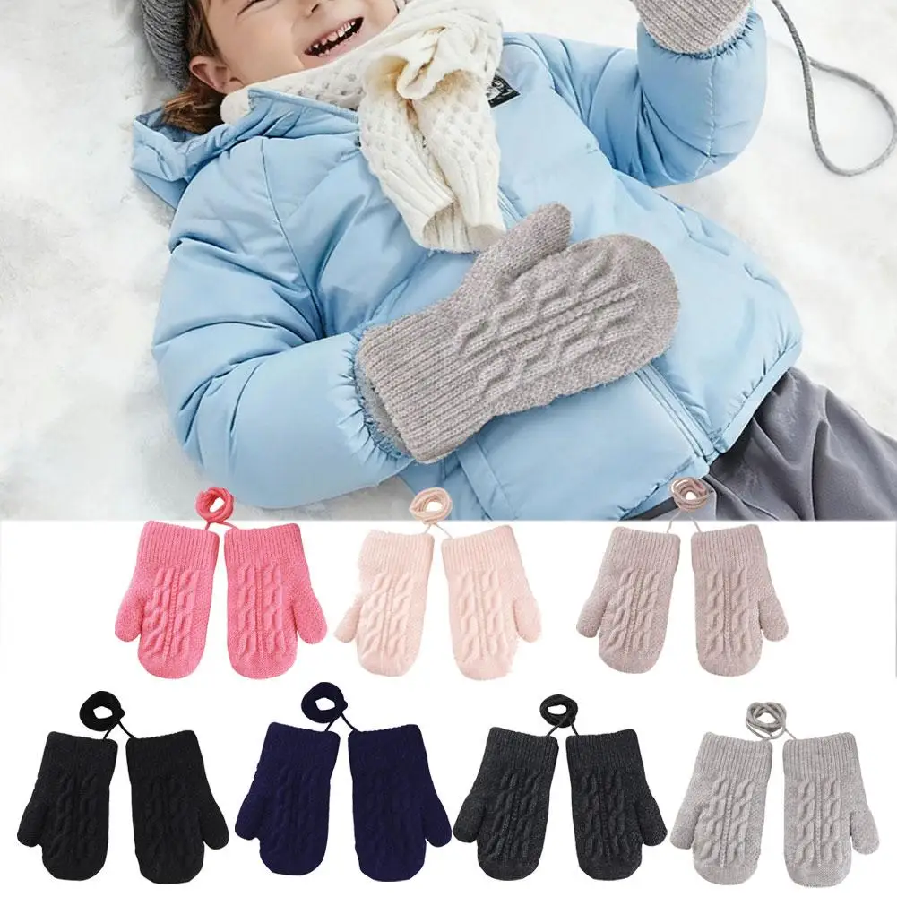 ถุงมือเด็กทารกสำหรับฤดูหนาว ถุงมือถักอุ่นแบบเต็มนิ้ว พร้อมสายคล้องคอ สำหรับเด็กแรกเกิดถึง 3 ปี