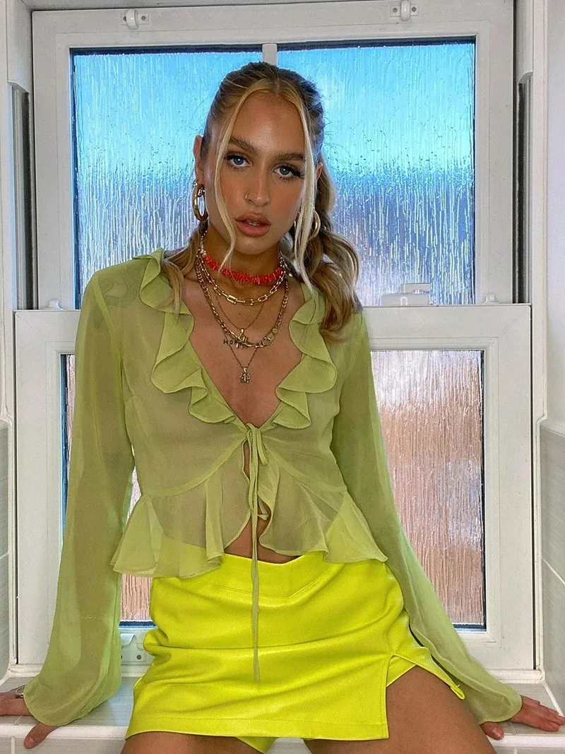 2025 Chiffon Long Sleeves Ruffled Cardigan See Through Lace Up Crop Top Sexy Basic Outfit Streetwear Autumn Winter