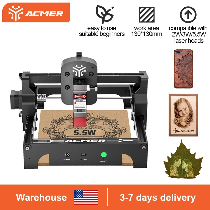 

ACMER Мини-лазерный гравер S1 5,5 Вт 3 Вт 2 Вт Станок для лазерной гравировки и резки деревянных листьев Чехол для телефона для начинающих Поддержка LightBurn