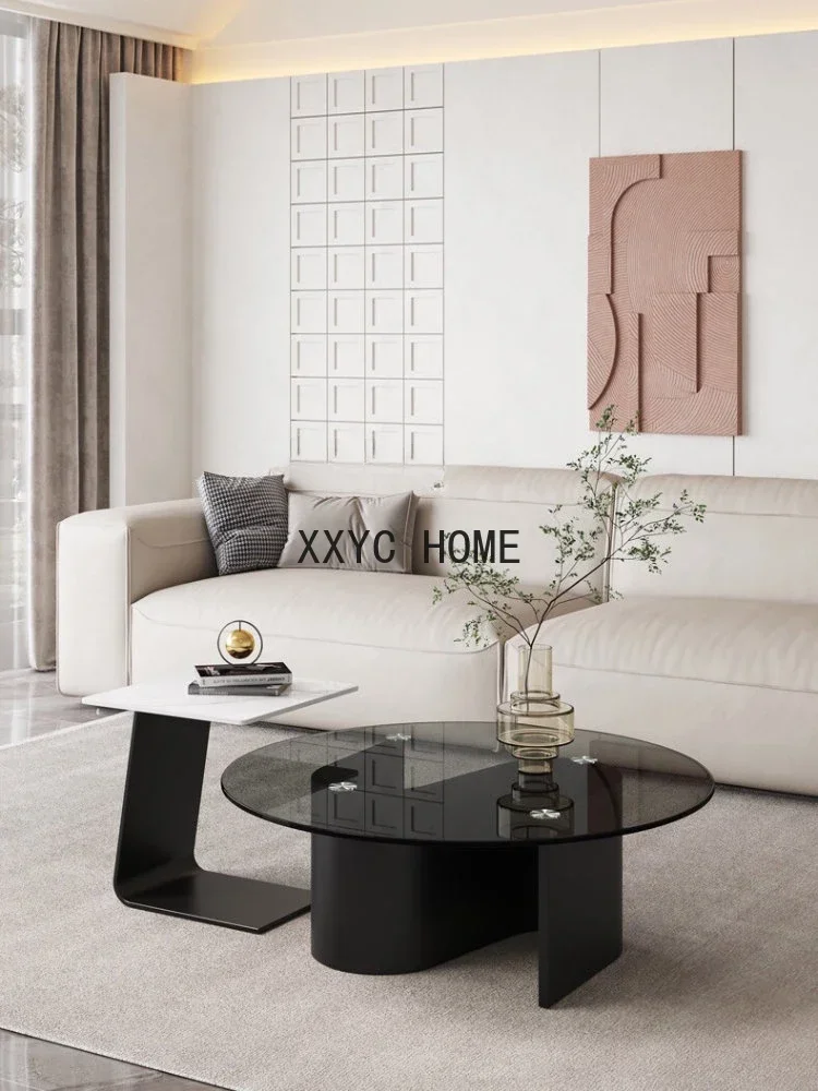 

Tempered Glass Living Room Coffee Table Tea Table Stone Plate Light Luxury Modern round Table
