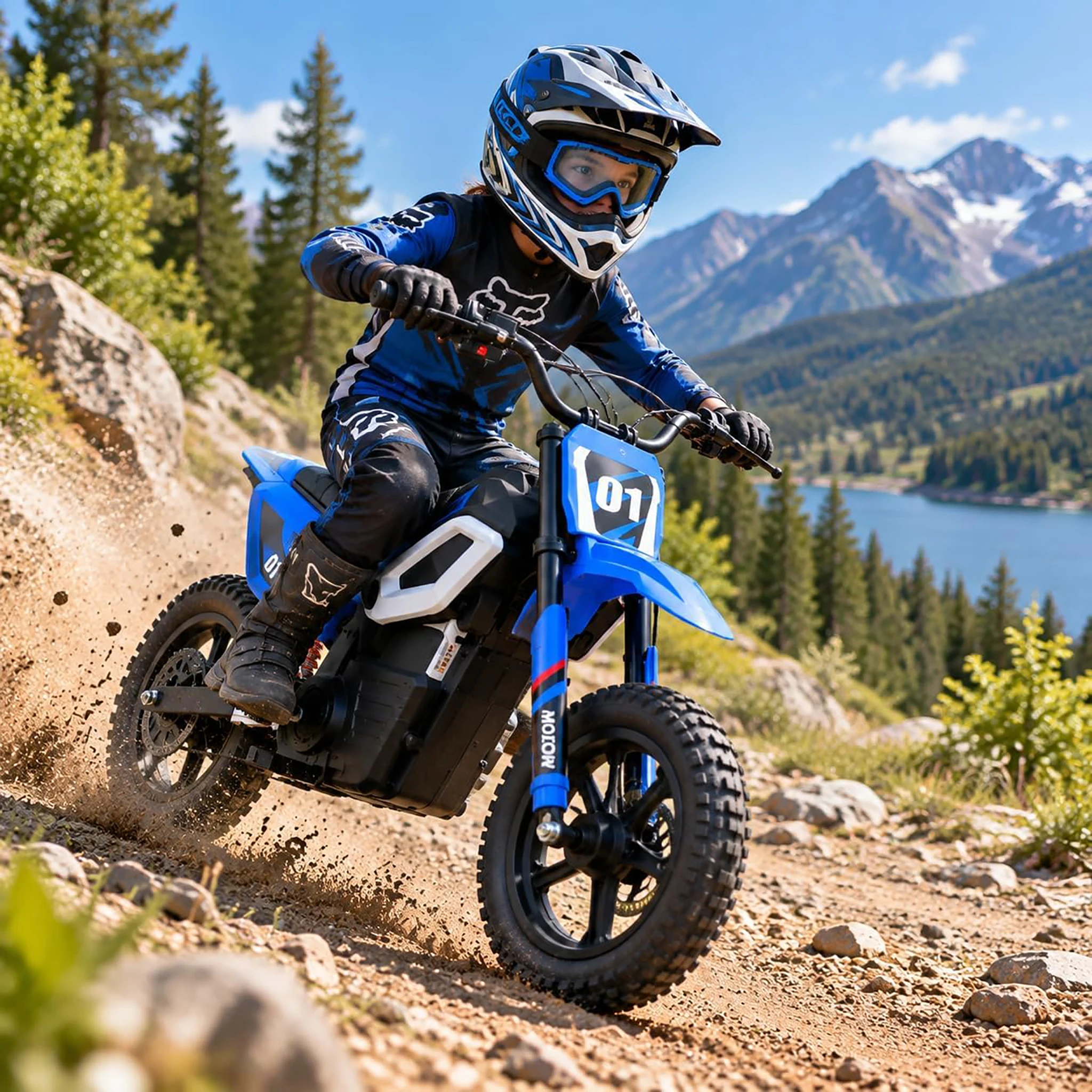 24V Kids Electric Dirt Bike 350W 12MPH 3-Speed Ride On Motorcycle With MP3, Front Rear Disc Brakes, 13.8in Tires, 14-Mile Range
