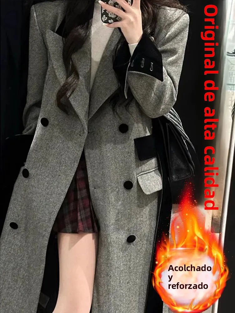 Nuevo Abrigo Largo Gris para Mujer, Estilo Coreano, Forrado de Algodón Grueso, Abrigo de Lana de Alta Gama, Estilo Traje, Rop...