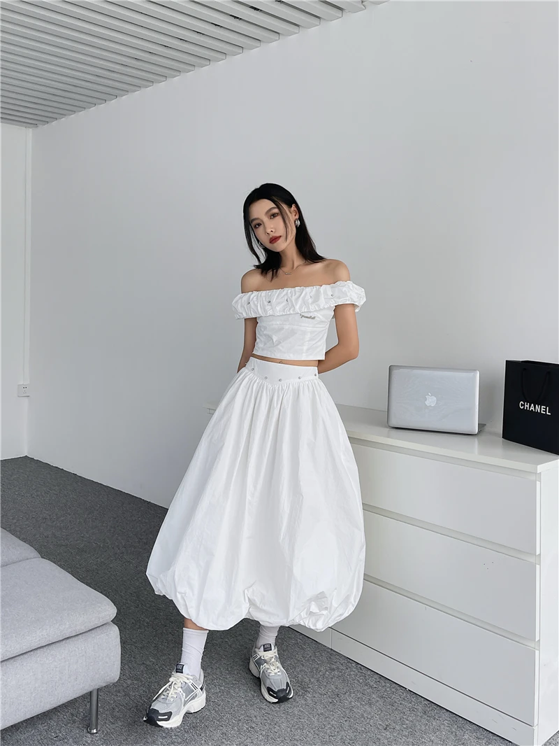 CHEERART Rivet Pearl Crop Top And Skirt Two Piece Set Summer Outfits For Women 2023 White Ruffles High Fashion Designer Clothes