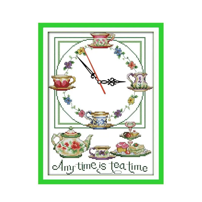 In qualsiasi momento è tea time kit punto croce 14ct 11ct count stampa su tela orologio da parete cuciture ricamo cucito a mano fai-da-te