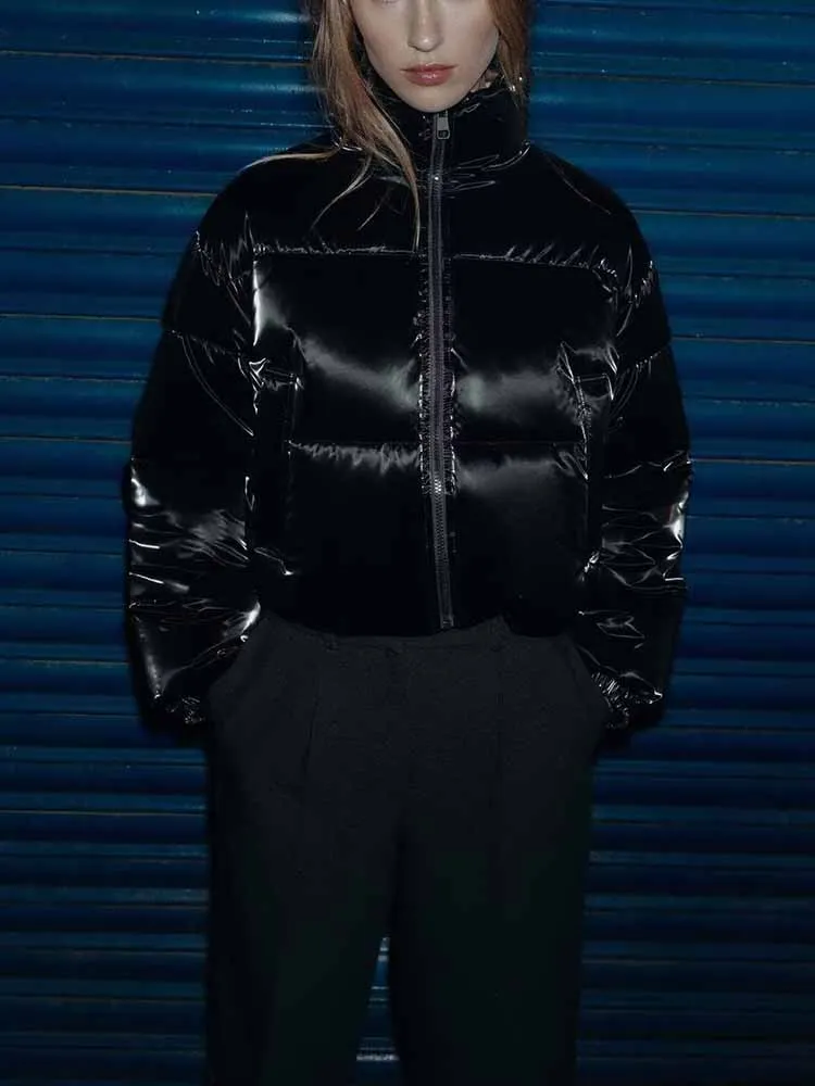 

European and American style winter new arrival fashionable and simple women's long-sleeved stand-collar shiny thick jacket coat