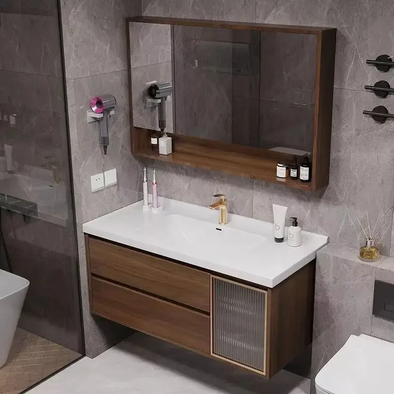 

Vintage Walnut Color Bathroom Cabinet Smart Mirror Ceramic Integrated Basin Bathroom Vanity Cabinet with Sink Bathroom Furniture