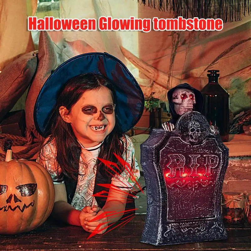 LED Halloween Tombstones Spooky Lifting Glowing Skull Tombstone Decoration With Horror Sound For Haunted House Porch Garden Lawn