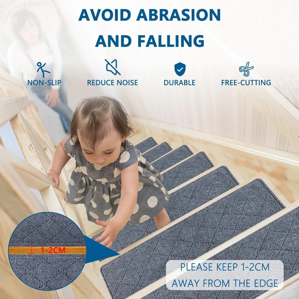 Indoor Wooden Staircase Treads, 15 Piece Set of 8-inch X 30 Inch Anti Slip Carpet Staircase Treads with Reusable Adhesive