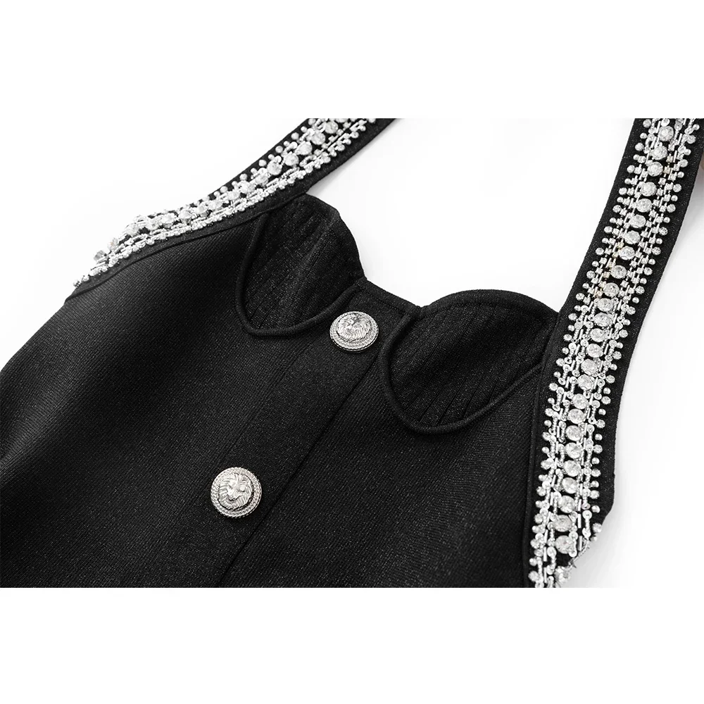 Eye-catching Party Evening Design Shining Rhinestone Beadings Women Black Knitting Halter Dress High Quality