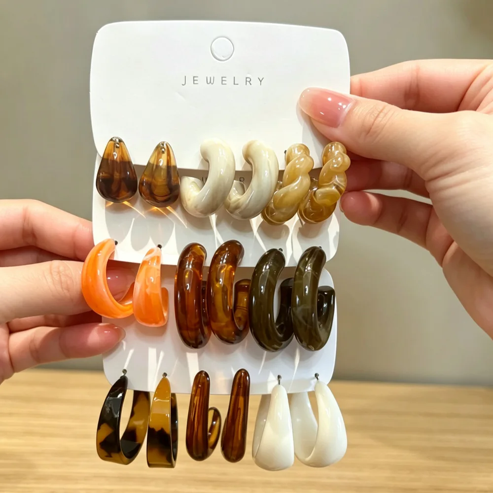 9 Pairs/Set Minimalist C-shaped Resin Stud Earrings for Women Vintage Twisted Acrylic Ear Studs Daily Party Ear Jewelry Sets