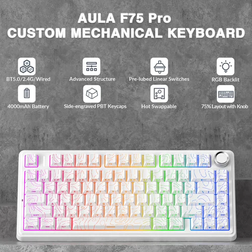 AULA F75 Pro-Teclado mecánico inalámbrico para videojuegos, montado en junta, RGB, personalizado, diseño 75%, teclas PBT de grabado lateral