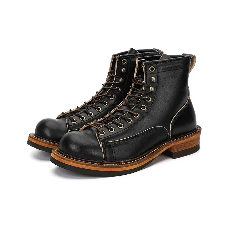 Amekaji Wear Handmade Western Japanese Style Cross-Toe Overalls Shoes Cowhide Vintage Men's High-Top round-Toe Motorcycle Boots