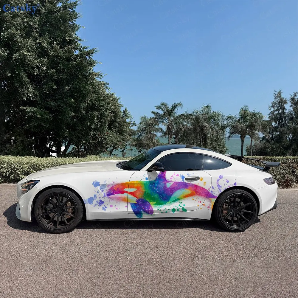 

2pcs Colorful Killer Whale Car Sticker Full Body Decal Decoration Scratches Protect Car Sticker Waterproof Car Vinyl Wraps