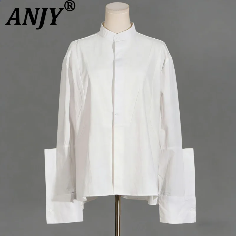 

ANJY Новая женская модная универсальная повседневная блузка премиум-класса с длинным рукавом, трендовая рубашка с воротником-стойкой и вставками, белая, A19956