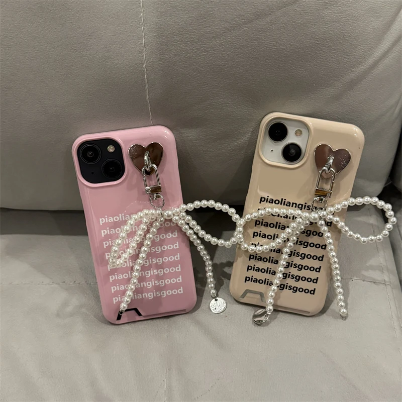 Ins Korean Luxury Cute English Lnsert Card Pearl Bow Pendant Case for iPhone 11 12 13 14 15 Pro Max Back Cover Stylish Girl Soft