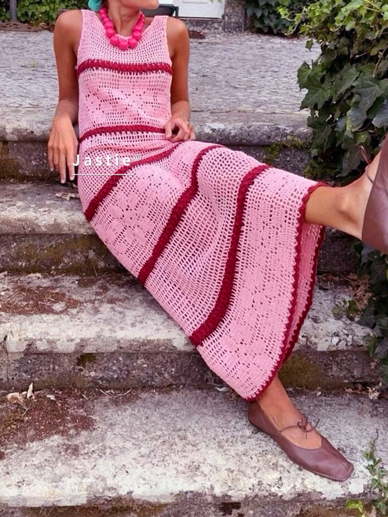 

Розовое полосатое вязаное крючком макси-платье для женщин, ажурное, без рукавов, длинное, летнее, сексуальное, пляжное, в стиле бохо, накидка-халат, Vestidos