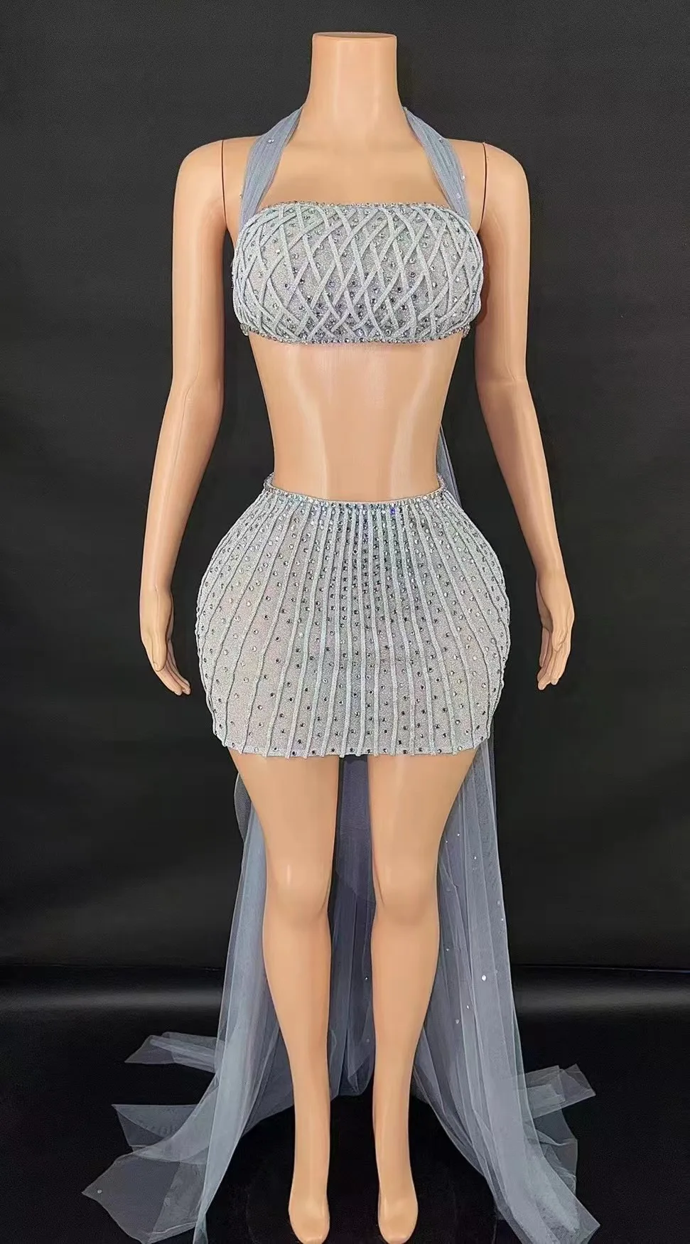 ชุดเดรสประดับเพชร ZD สำหรับการแสดงบนเวที ไซส์ใหญ่ ชุดราตรีวิบวับสำหรับผู้หญิง