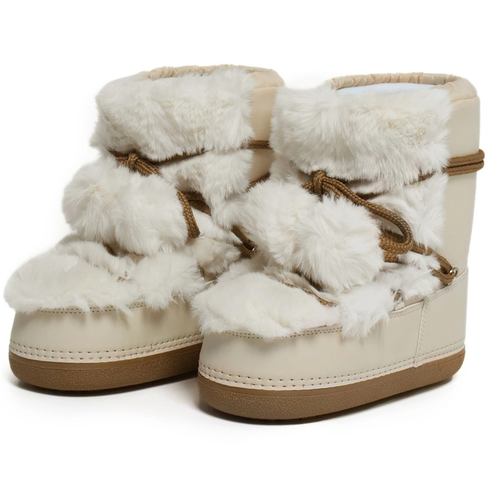 2024 Winter Snow Boots for Women Rabbit Fur Snow Boots Platform Lace-up Fluffy Furry Fur Ski Boots Female Warm Cotton Boots