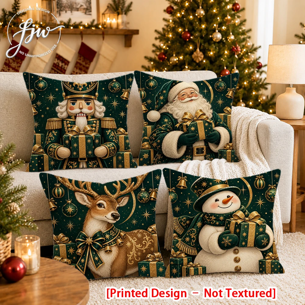 2/4pc Christmas Decorative Throw Pillow Covers Vintage Green Gold Xmas Santa Snowman Reindeer Nutcracker Cushion Cases Bed