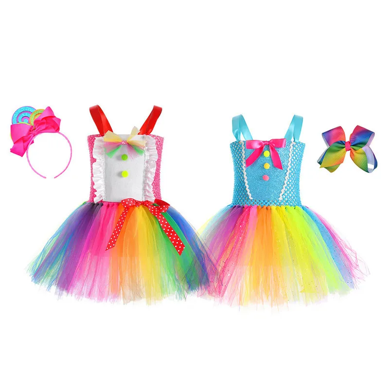 Girls Rainbow Candy Color Cute Sweet Mesh Tutu Dress With Bow Decoration Halloween Birthday Party Stage Performance Casual Wear