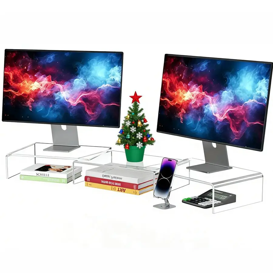 

Clear Acrylic Monitor Stand Riser, 3 Shelves Adjustable Dual Monitor Stand with AntiSlip Mat, Premium Desk Organizer for Home Of