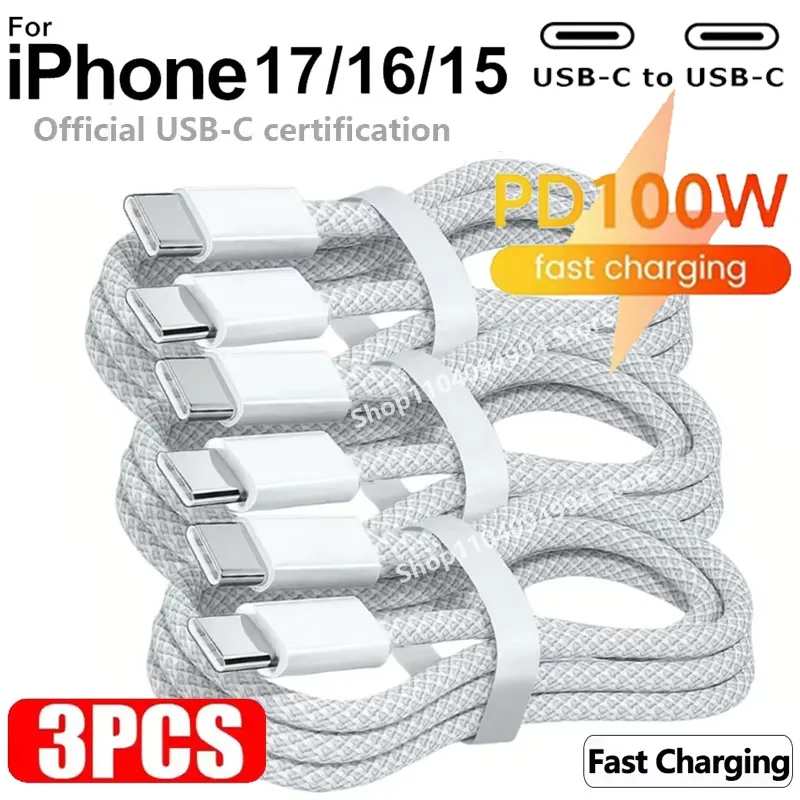 Cavo da USB-C a tipo C da 3 pezzi da 100 W per IPhone 15 16 Pro Cavo di ricarica rapida PD per Huawei Xiaomi Samsung Cavo dati per tessitura