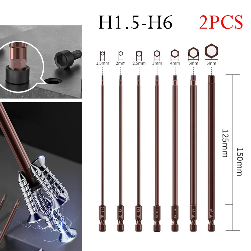 2PCS 150mm H1.5-H6 Alloy-Steel Magnetic Hex Head Screwdriver Bits Screw Driver Household Replacement Power Tool Spare Part