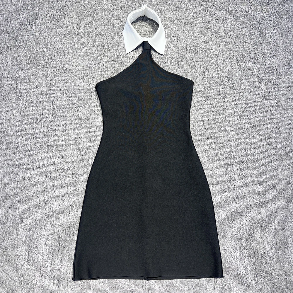 فساتين راقية صيفية 2025 فستان قصير مثير بدون ظهر وطية صدر السترة باللونين الأبيض والأسود ملابس الفتيات الصغيرات #6