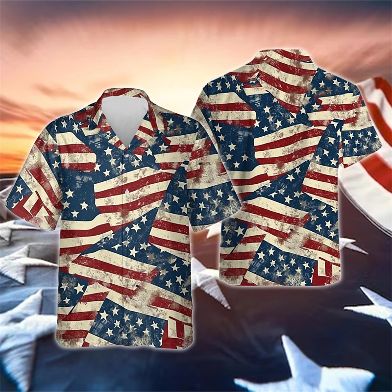 

July Fourth American Independence Day 3D Printed Shirts For Men Clothes USA Flag Eagle Lapel Blouse Patriotic US Male Women Tops