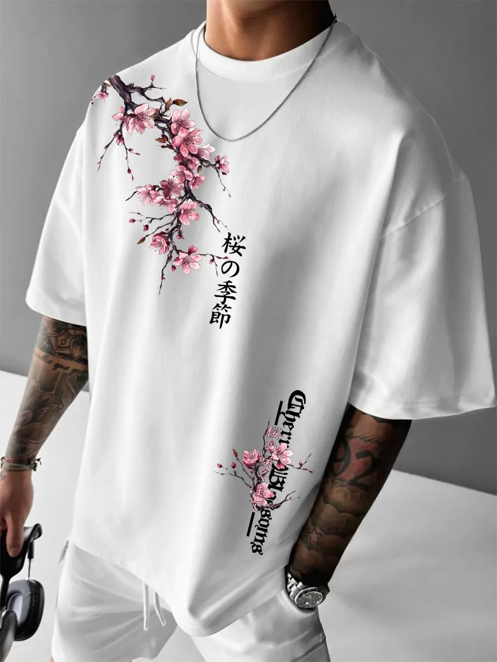 American men's summer new cherry blossom branch letter print comfortable and breathable round neck T-shirt outdoor street top