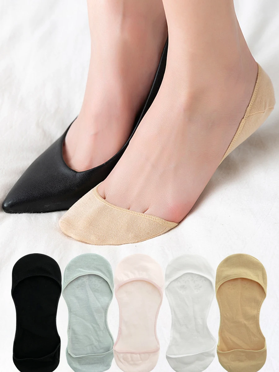 

5 Pairs Invisible Boat Socks Women Summer Thin Breathable Cotton Sock Solid Color High Heels Shoes Non-slip Silicone Short Socks