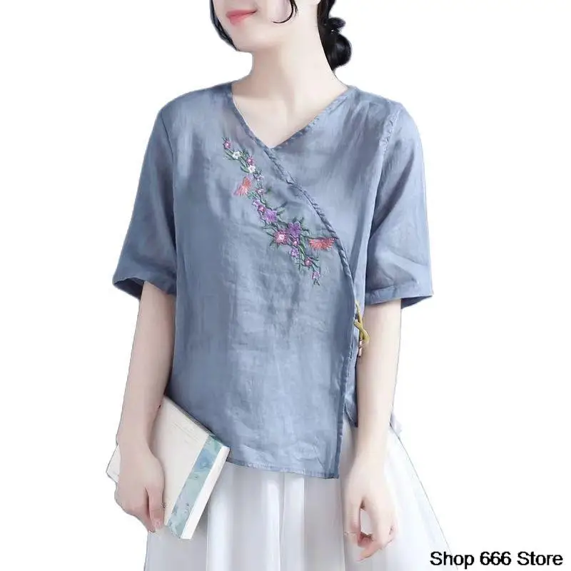 Summer Vintage Art Thin Embroidered Cotton Linen Top Ethnic Style V-neck T-shirt Chinese Traditional Women's Wear Tea Clothing