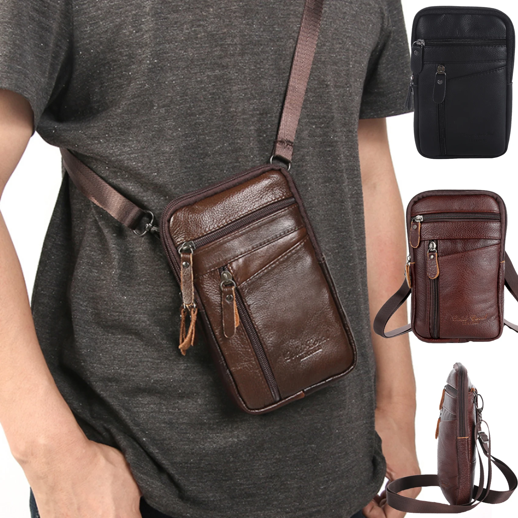 Leather Waist Bag Wearing Belt Outdoor Sport Shoulder Bag Solid Color Doing Business Crossbody Bags Men Mobile Phone Bags