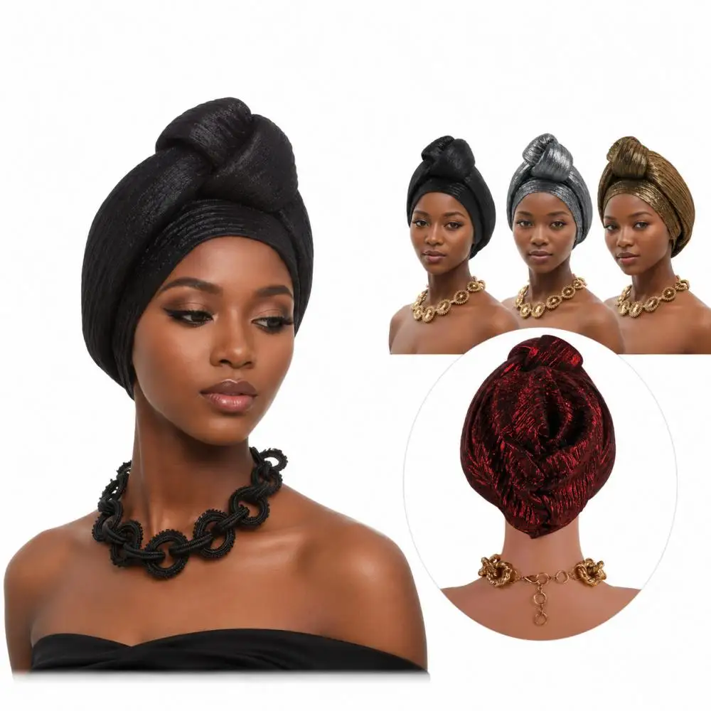 Turbante plisado brillante pre-atado, pañuelo para la cabeza tradicional africano para mujer, Auto Gele con brillantina, listo para usar en bodas nigerianas.