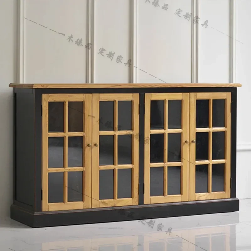 American Light Luxury Solid Wood Dining Side Cabinet Living Room Simple Antique Four Door Storage Decorative Cabinet Retro