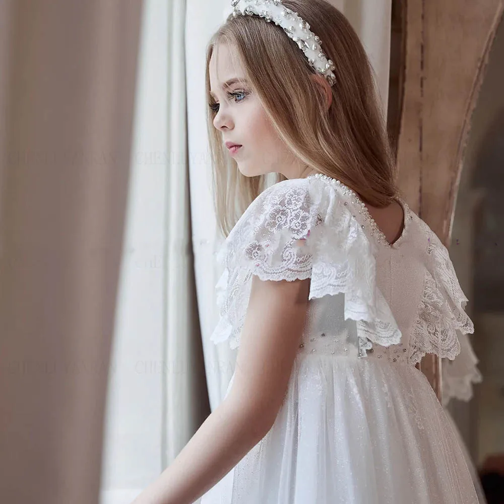 White Flower Girl Dress 2024 Lace Applique Tulle Kids Wedding Party A-Line Princess Junior Bridesmaid First Communion Gowns