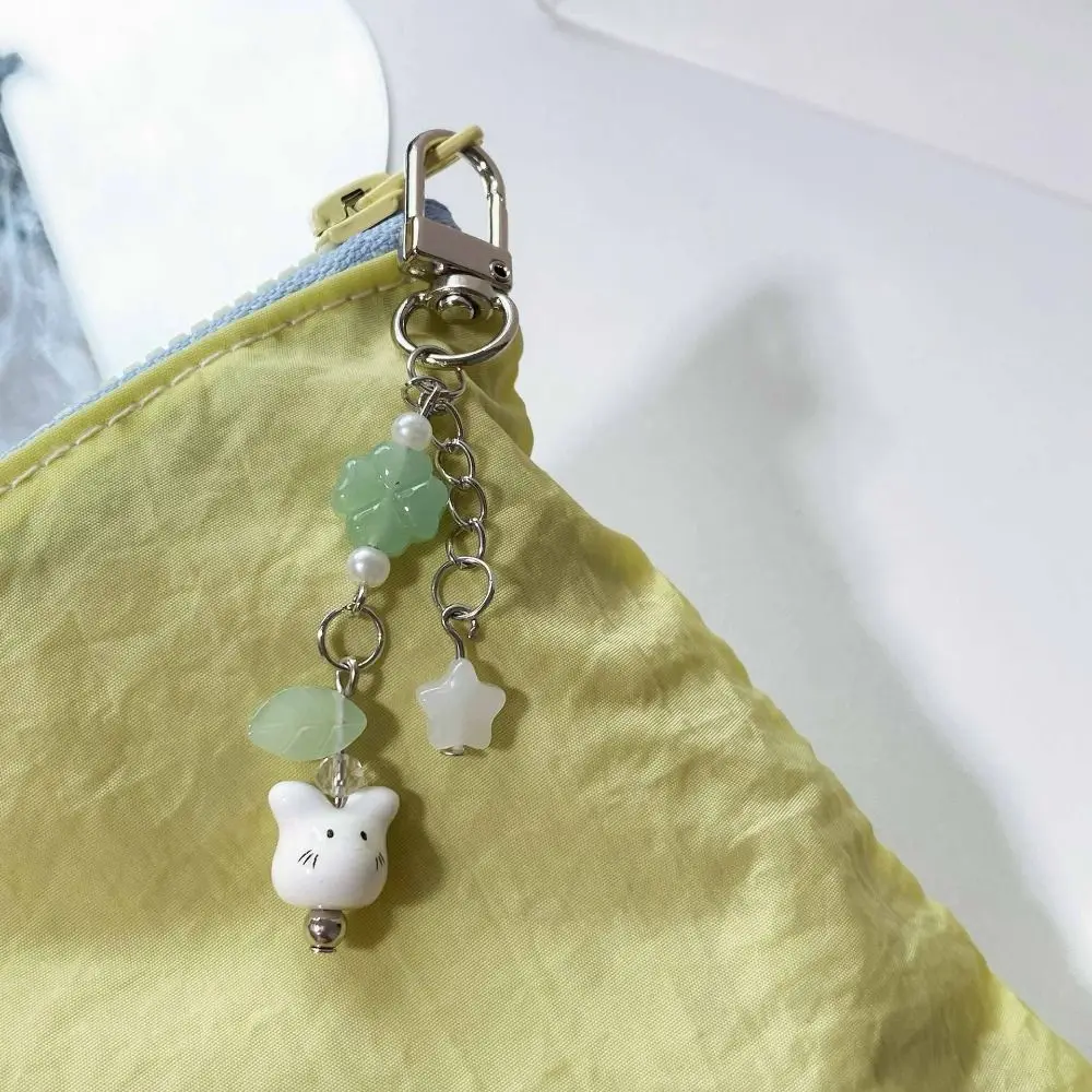 Y2K Cute Beaded Phone Charm Strap Cord Hanging Decoration Ceramics Bunny Keychain Rabbits Trendy Look Four Leaf Clover Pandant