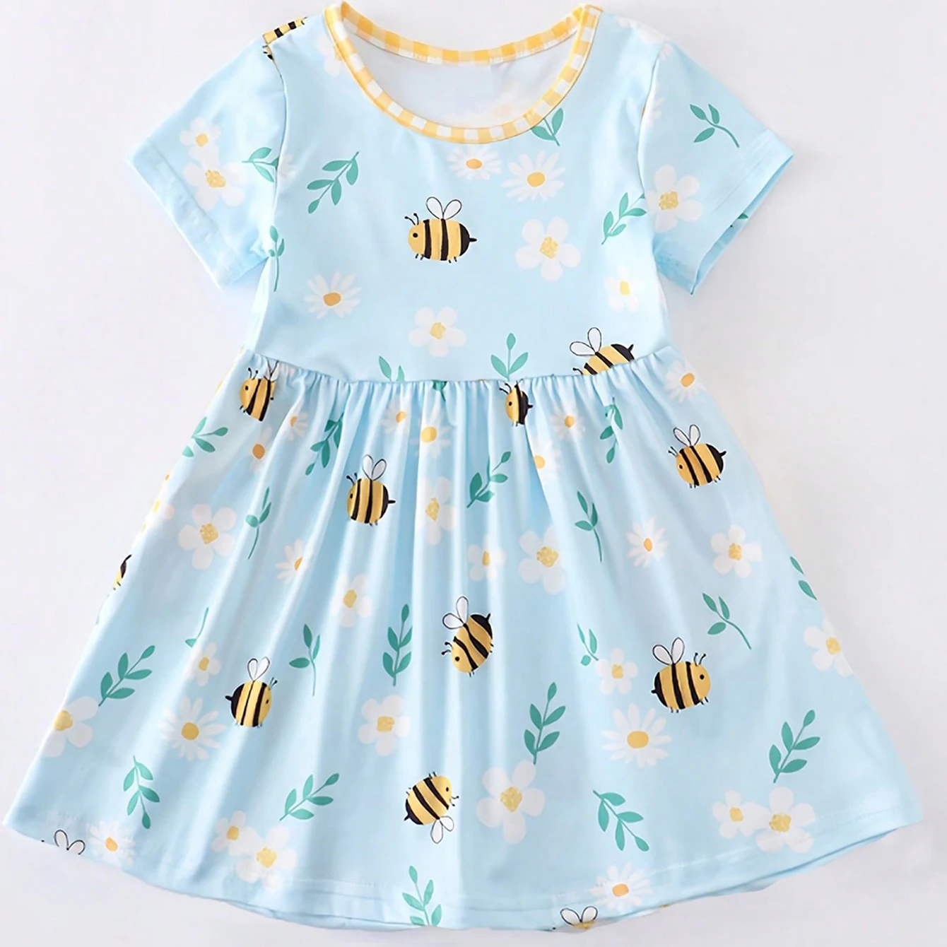 Girl Bumblebee & Floral Print Casual Dress For Summer