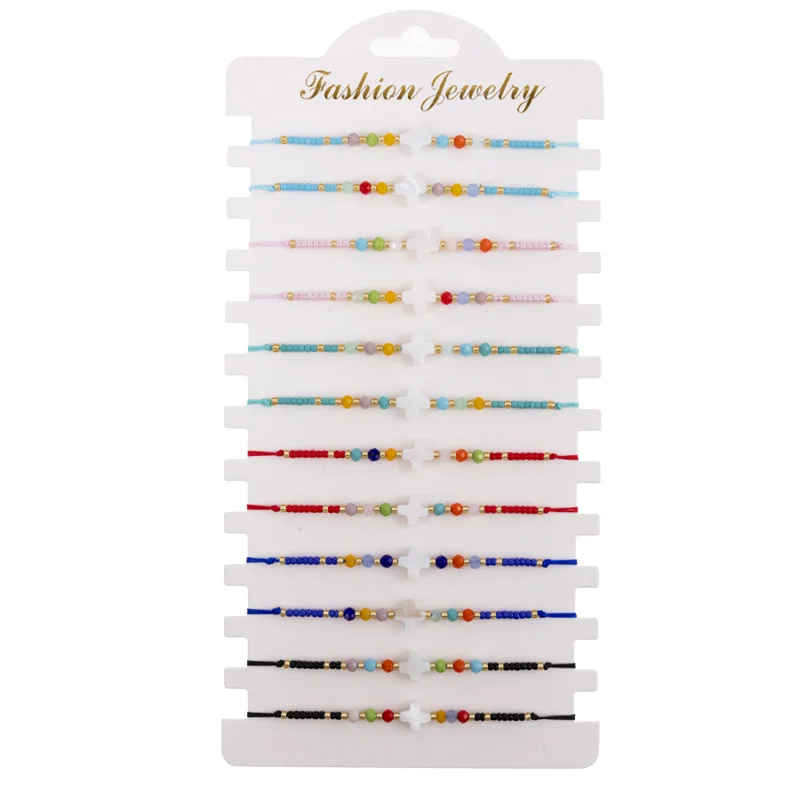 12 חרוזים צבעוניים יח'\סט צמיד חרוז להגדיר קסמי צלב לבן קלועה צמידים מתכווננים להגדיר לנשים גברים