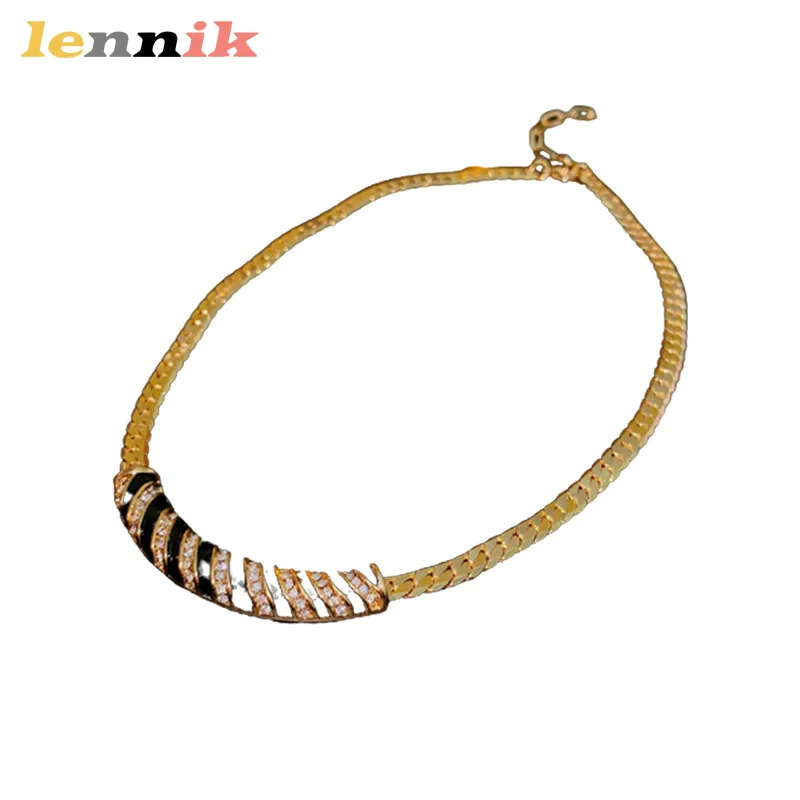 LENNIK سلسلة الترقوة المطلية بالذهب الحقيقي الماس، قلادة عتيقة على شكل قوس يقطر الزيت، مجوهرات نسائية فاخرة خفيفة #5