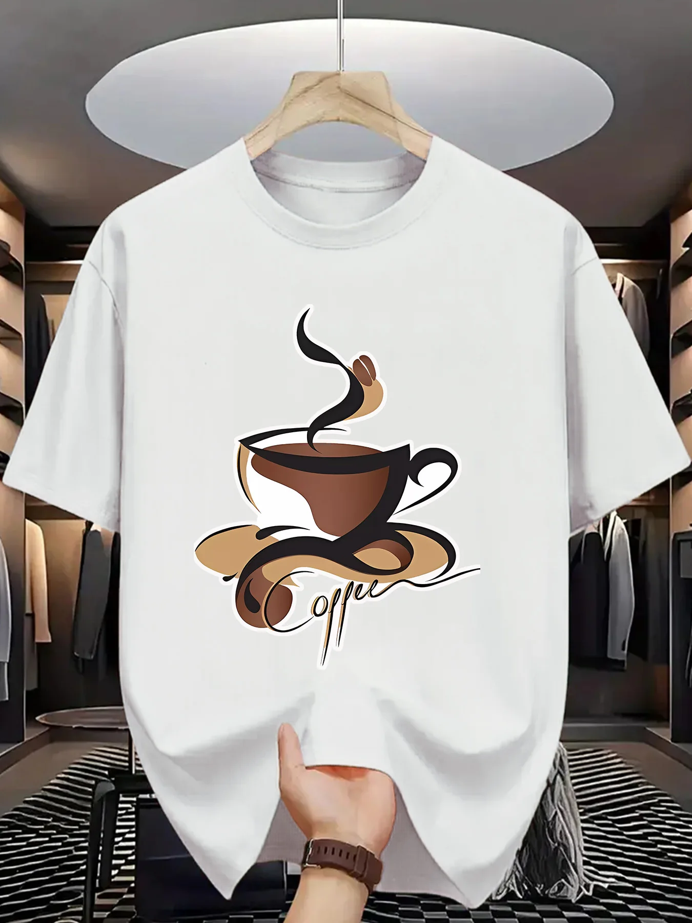 2026 New Arrival: Men's Coffee Cup Pattern T-Shirt — Breathable, 100% Pure Cotton, Printed Short-Sleeve, Crew Neck, Casual Style