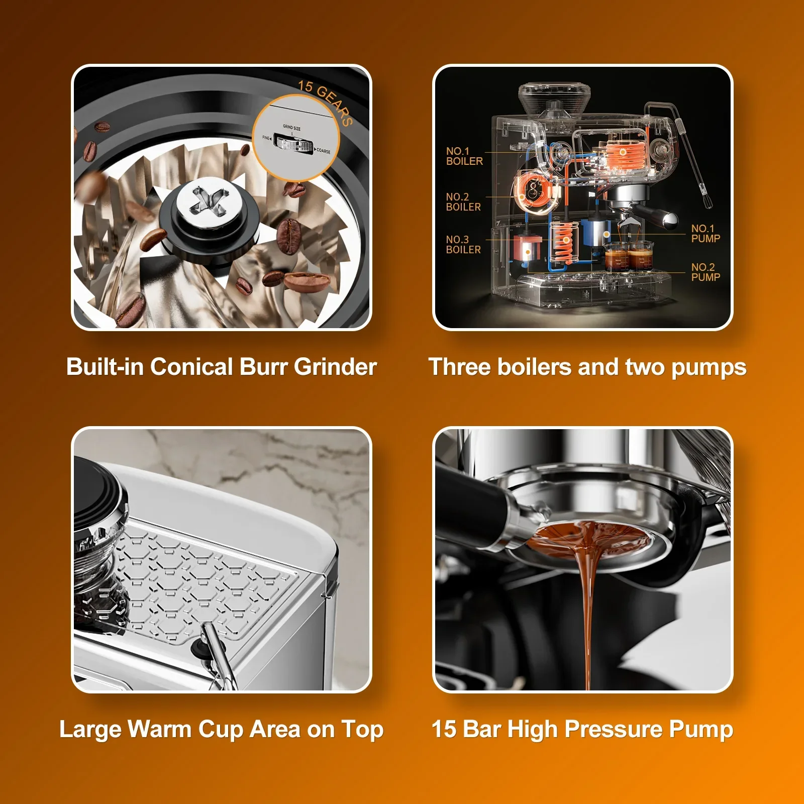 New 15 Bar Pump Electric Coffee Maker Manual Espresso Machine With Grinder