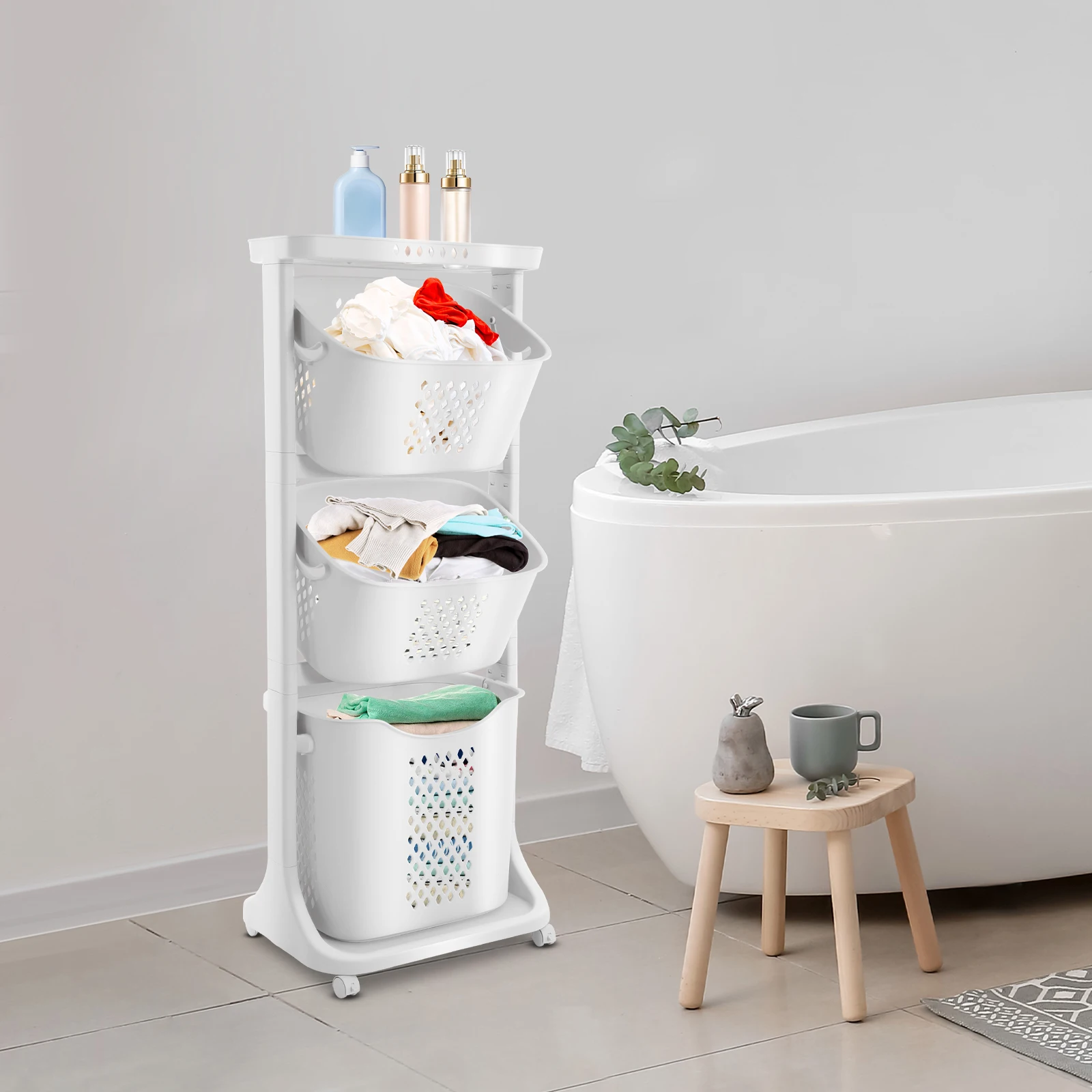 

White Laundry Baskets 3 Tier Rolling Laundry Hamper Cart with Wheels and Portable Storage Baskets Clothes Laundry Basket